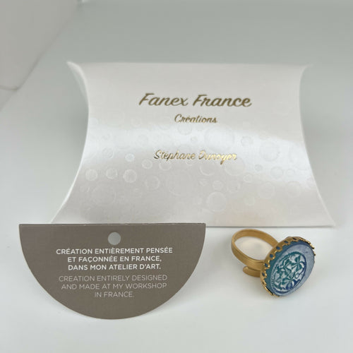 Bague réglable bleue turquoise et or motif feuillage trèfles | EMPREINTES Paris - EMPREINTES Paris