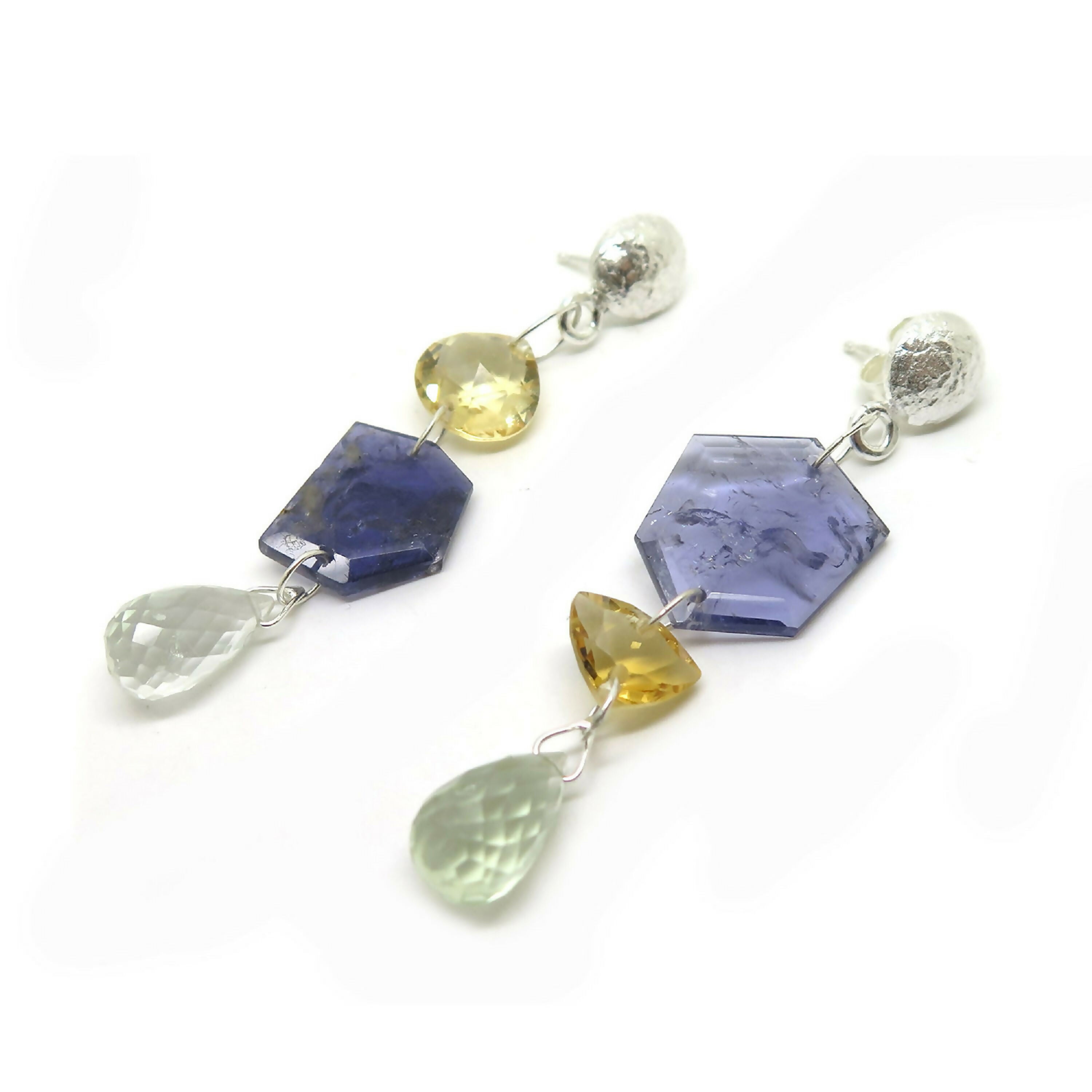 Boucles d’oreilles en argent, citrines, cordiérites et prasiolites | EMPREINTES Paris