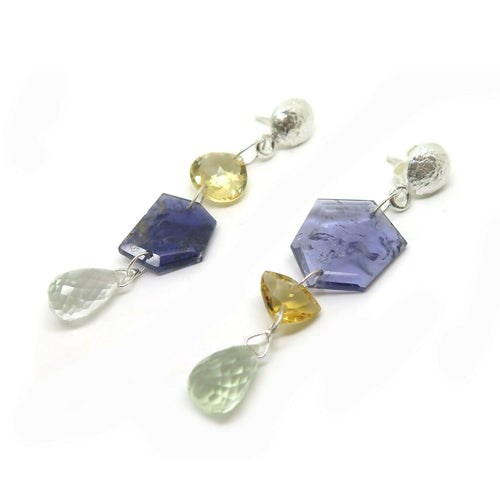 Boucles d’oreilles en argent, citrines, cordiérites et prasiolites | EMPREINTES Paris - EMPREINTES Paris