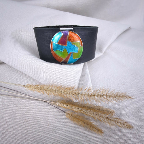 Bracelet manchette en cuir et émaux cloisonnés sur argent - multicolore | EMPREINTES Paris - EMPREINTES Paris