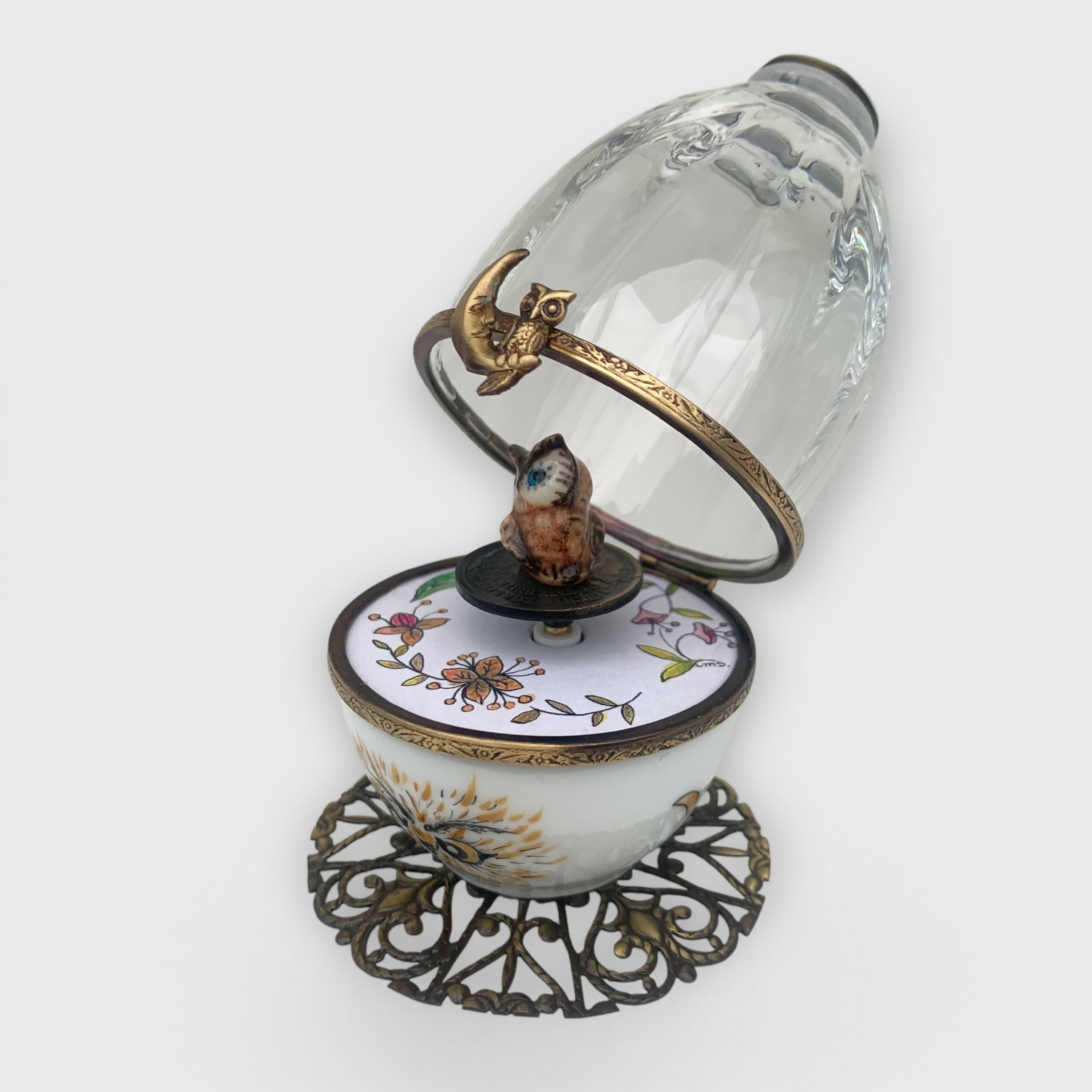 chouette_hibou_owl_cristal_automne_marron_foret_fleur_floral_cadeau-decoration_paques_automate_oeuf-style-faberge_pastel_cadeau-naissance_bebe_fete-des-meres_noce-porcelaine_limoges_enfantin_romantique_original_oeuf-collection_boite-a-musique_oeuf-musical_fanex-france | EMPREINTES Paris
