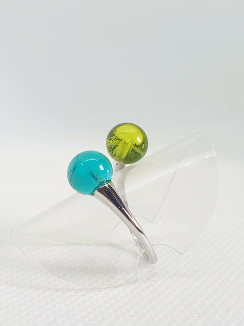Bague argentée réglable - Double perles de verre anis et vert marin | EMPREINTES Paris - EMPREINTES Paris