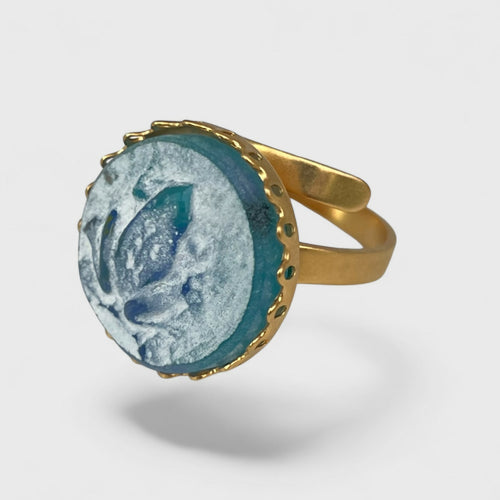Bague réglable bleue turquoise et or motif grenouille | EMPREINTES Paris - EMPREINTES Paris
