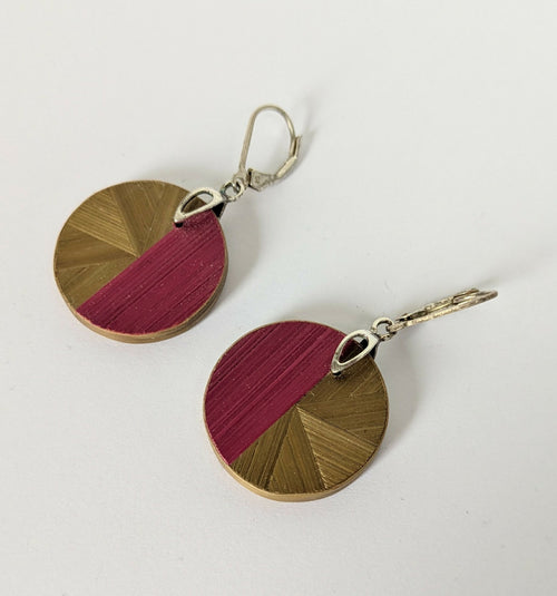 Boucles d'oreilles Rondes avec marqueterie de paille Bordeaux et Dorée - crochets argent 925 | EMPREINTES Paris - EMPREINTES Paris