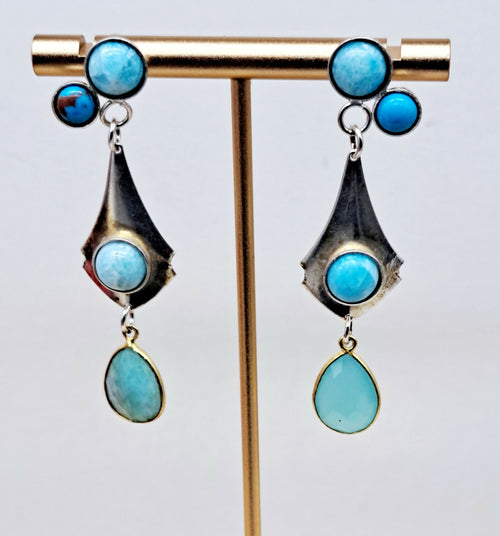 Boucles d'oreilles en argent avec turquoises et aigues-marines | EMPREINTES Paris - EMPREINTES Paris