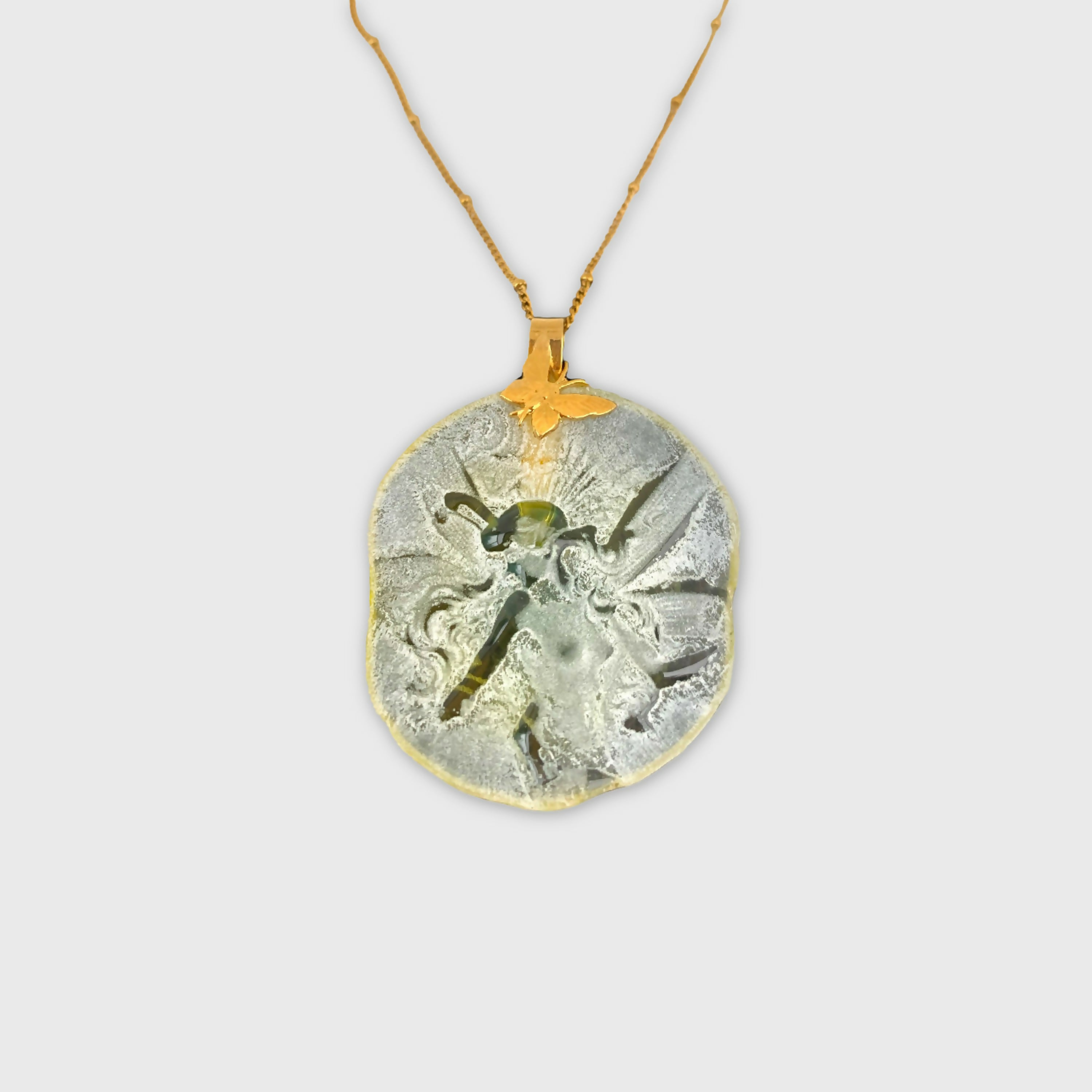 fee, onirique, collier unique feminin, romantique, cristal jaune vert, iris, collier bleu, floral, jacinthe, fleur, printanier, collier pour femme, idee cadeau pour elle, saint Valentin, piece unique, bijoux cristal, pate de verre | EMPREINTES Paris
