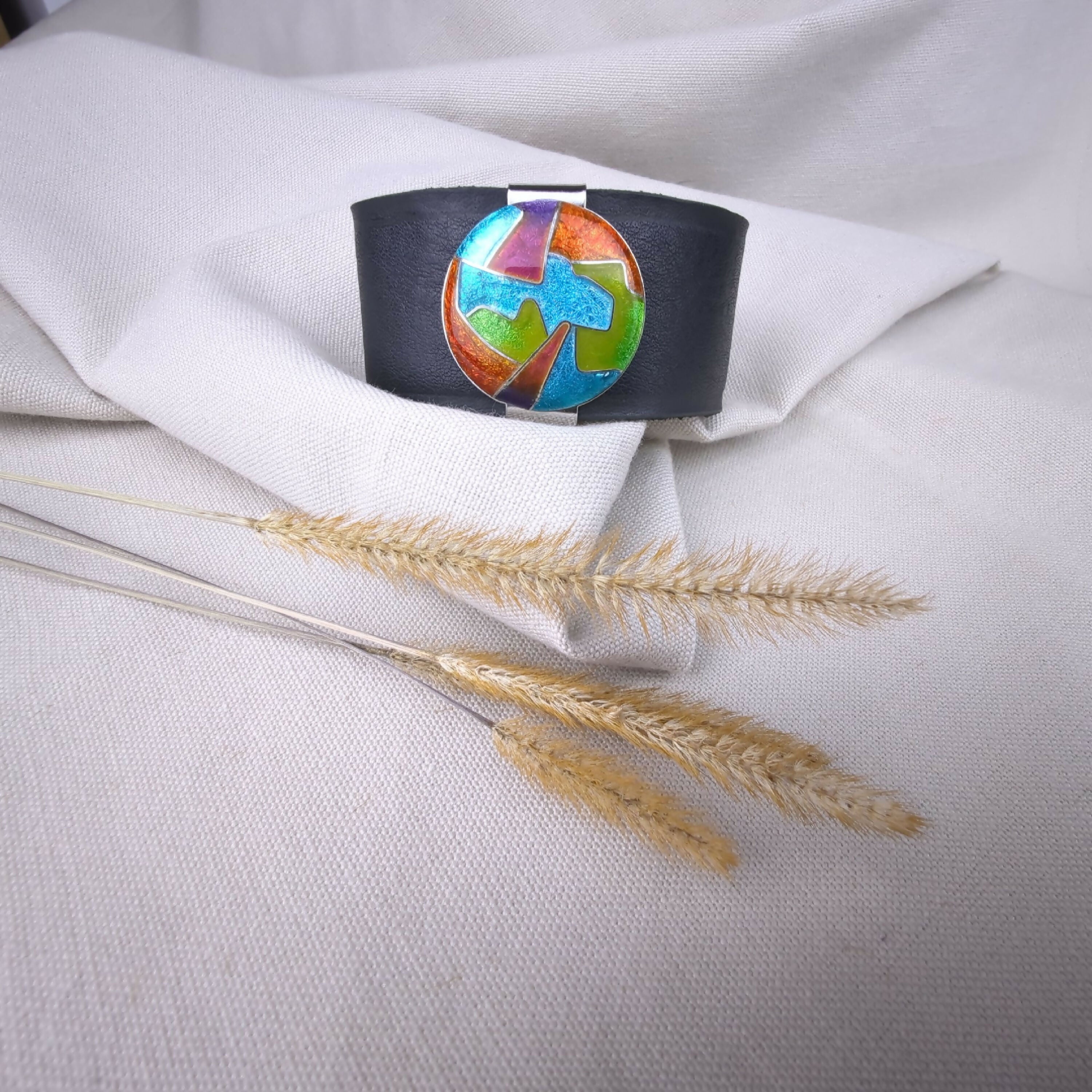 Bracelet manchette en cuir et émaux cloisonnés sur argent - multicolore | EMPREINTES Paris