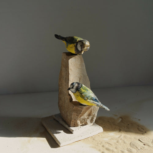 Sculpture Duo de mésanges bleues sur pierre | EMPREINTES Paris - EMPREINTES Paris