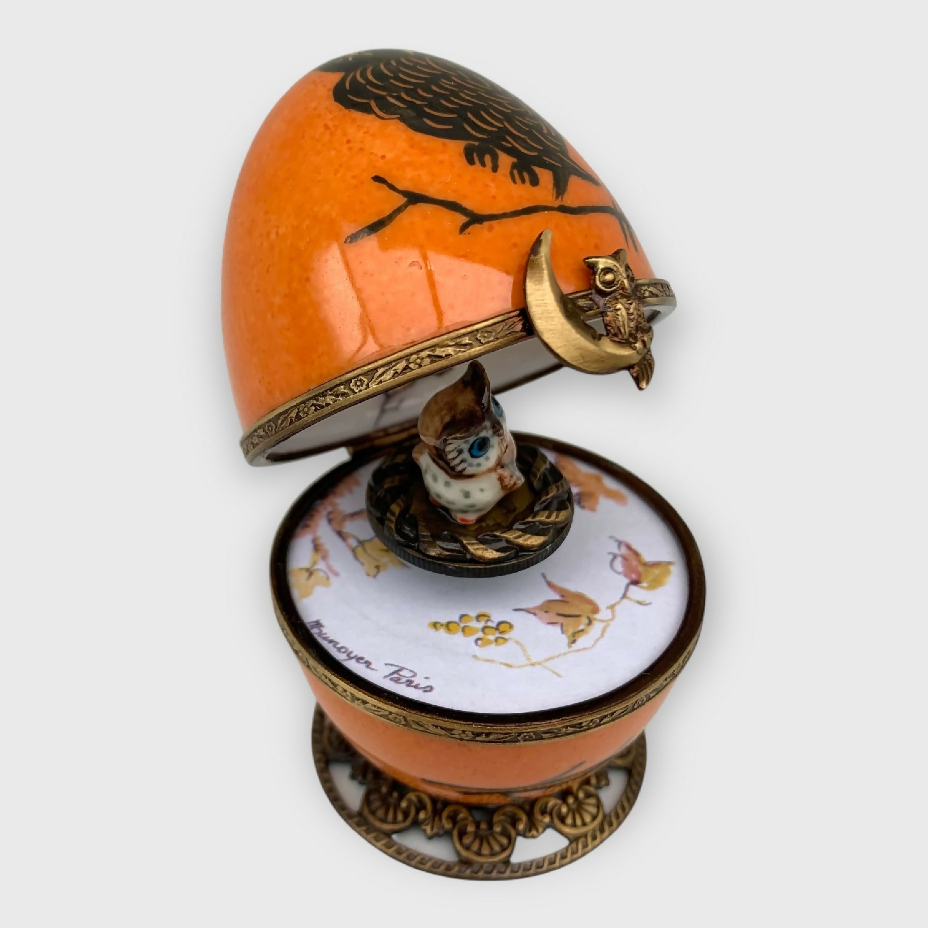 chouette_hibou_owl_automne_orange_noir_foret_fleur_floral_cadeau-decoration_paques_automate_oeuf-style-faberge_cadeau-naissance_bebe_fete-des-meres_noce-porcelaine_limoges_enfantin_romantique_original_oeuf-collection_boite-a-musique_oeuf-musical_fanex-france | EMPREINTES Paris