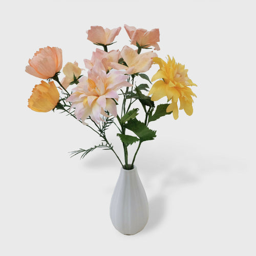 Bouquet de fleurs en papier tons roses & jaunes : deux dahlias, deux cosmos, roses sauvages | EMPREINTES Paris - EMPREINTES Paris