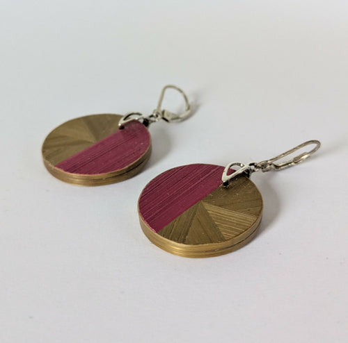 Boucles d'oreilles Rondes avec marqueterie de paille Bordeaux et Dorée - crochets argent 925 | EMPREINTES Paris - EMPREINTES Paris