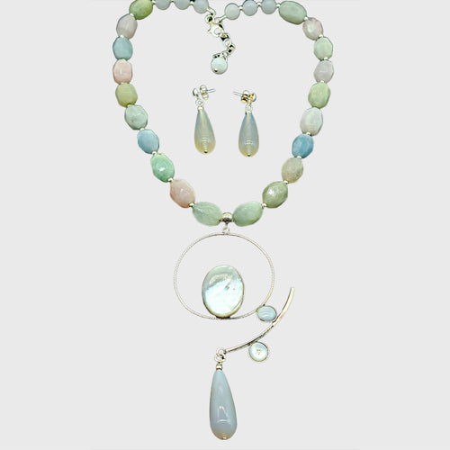 Parure collier et boucles d'oreilles Morganite et nacre | EMPREINTES Paris - EMPREINTES Paris