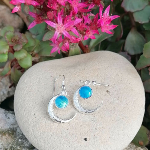 Boucles d'oreilles Lune bleue en émail sur feuille d'argent | EMPREINTES Paris - EMPREINTES Paris