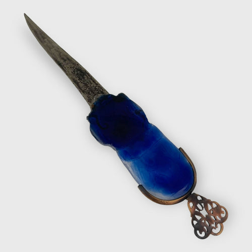 ouvre lettre bleu motif tete de lion et hippocampes, cadeau homme , objet original, collection unique, pate de verre, cristal | EMPREINTES Paris - EMPREINTES Paris