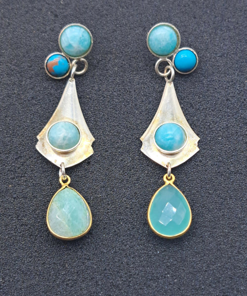 Boucles d'oreilles en argent avec turquoises et aigues-marines | EMPREINTES Paris - EMPREINTES Paris