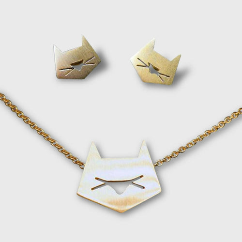 Parure dorée collier + boucles d'oreilles têtes de chats | EMPREINTES Paris - EMPREINTES Paris