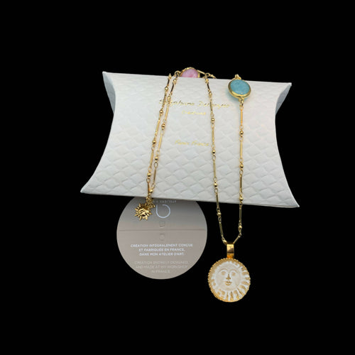 soleil, astre, lumiere, printemps, bijou symbolique, ethnique, romantique, chic bohème, amoureux, collier pour femme, art déco, art nouveau, idées cadeaux pour elle, saint Valentin, piece unique, sautoir, pierre semi-precieuse, pate de verre, cristal | EMPREINTES Paris - EMPREINTES Paris