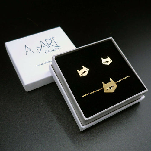 Parure dorée collier + boucles d'oreilles têtes de chats | EMPREINTES Paris - EMPREINTES Paris
