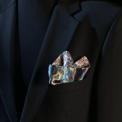 Pochette soie homme- cachemire bleu jaune | EMPREINTES Paris - EMPREINTES Paris