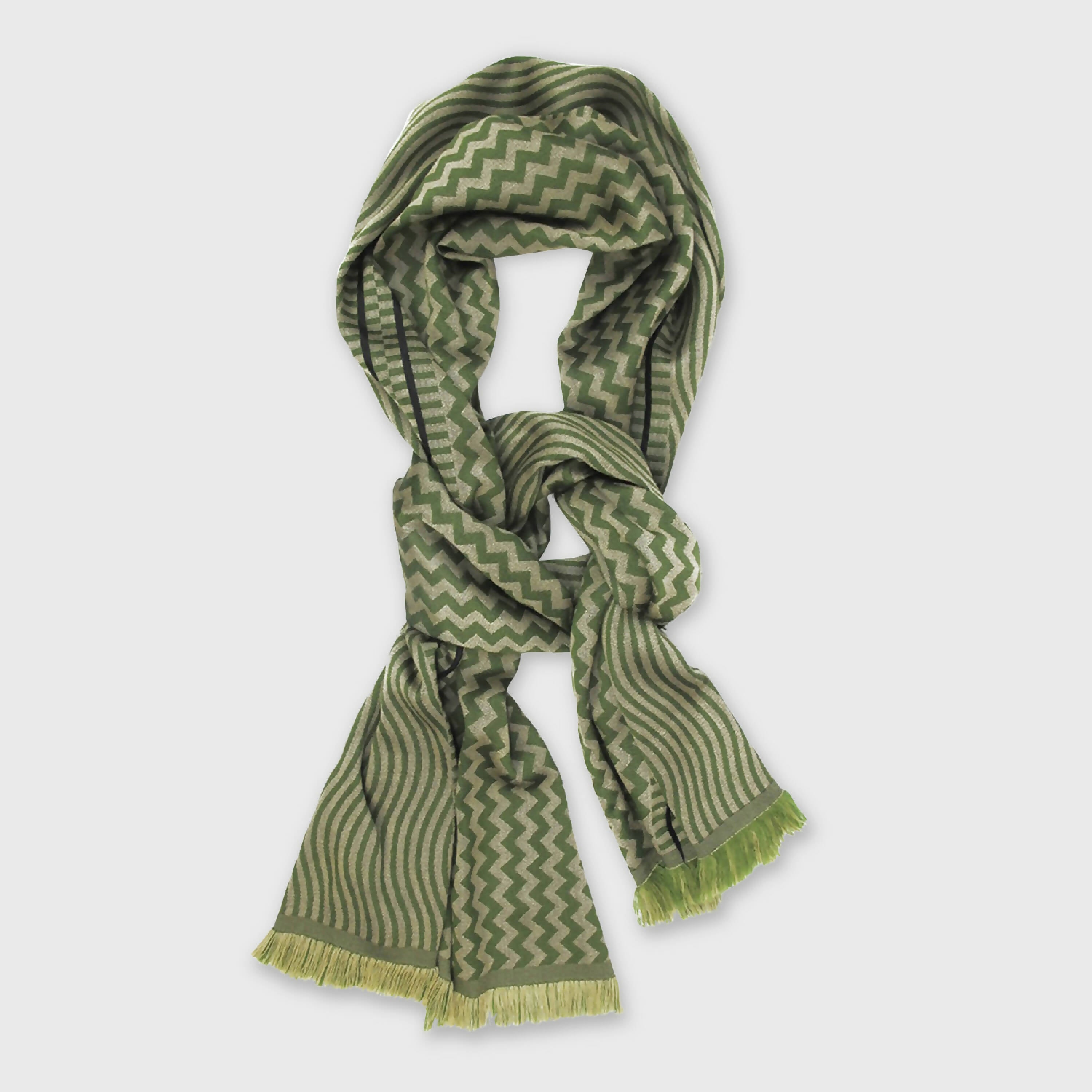 Écharpe midi laine soie sismique zigzig vert camel | EMPREINTES Paris