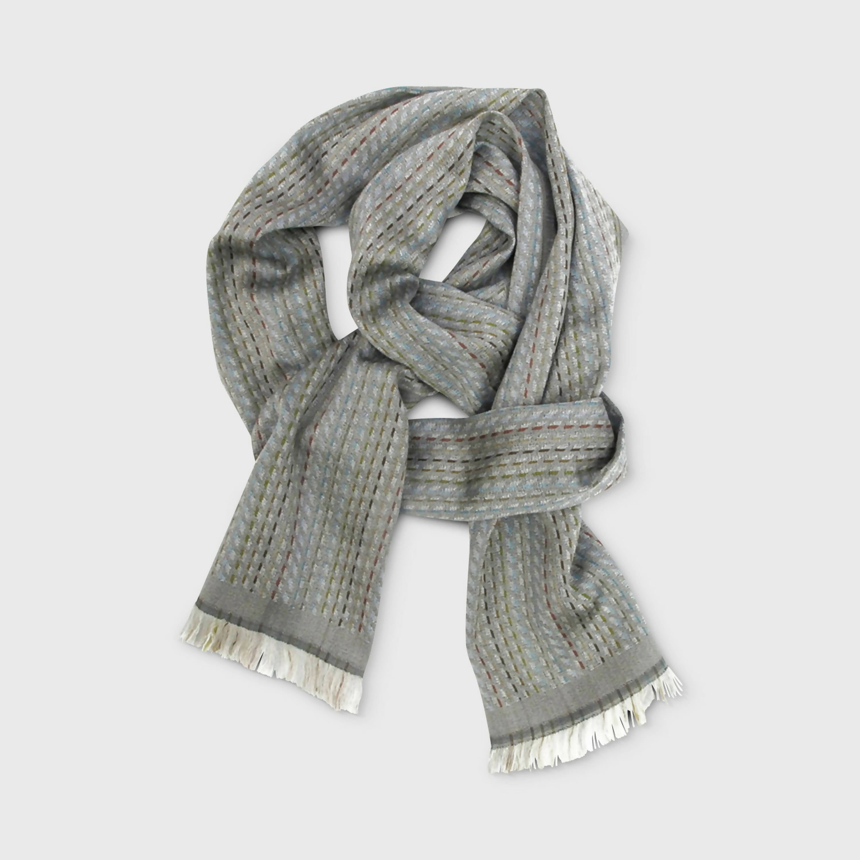 Écharpe Étroite Laine Soie Multico Gris Grilles | EMPREINTES Paris