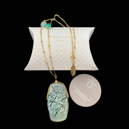 femme ailée, fée, ange, reve, onirique, pastel, vert, jaune, majestueux, bijou symbolique, ethnique, romantique, chic bohème, amoureux, collier pour femme, art déco, art nouveau, idées cadeaux pour elle, saint Valentin, piece unique, sautoir, pierre semi-precieuse, pate de verre, cristal | EMPREINTES Paris - EMPREINTES Paris