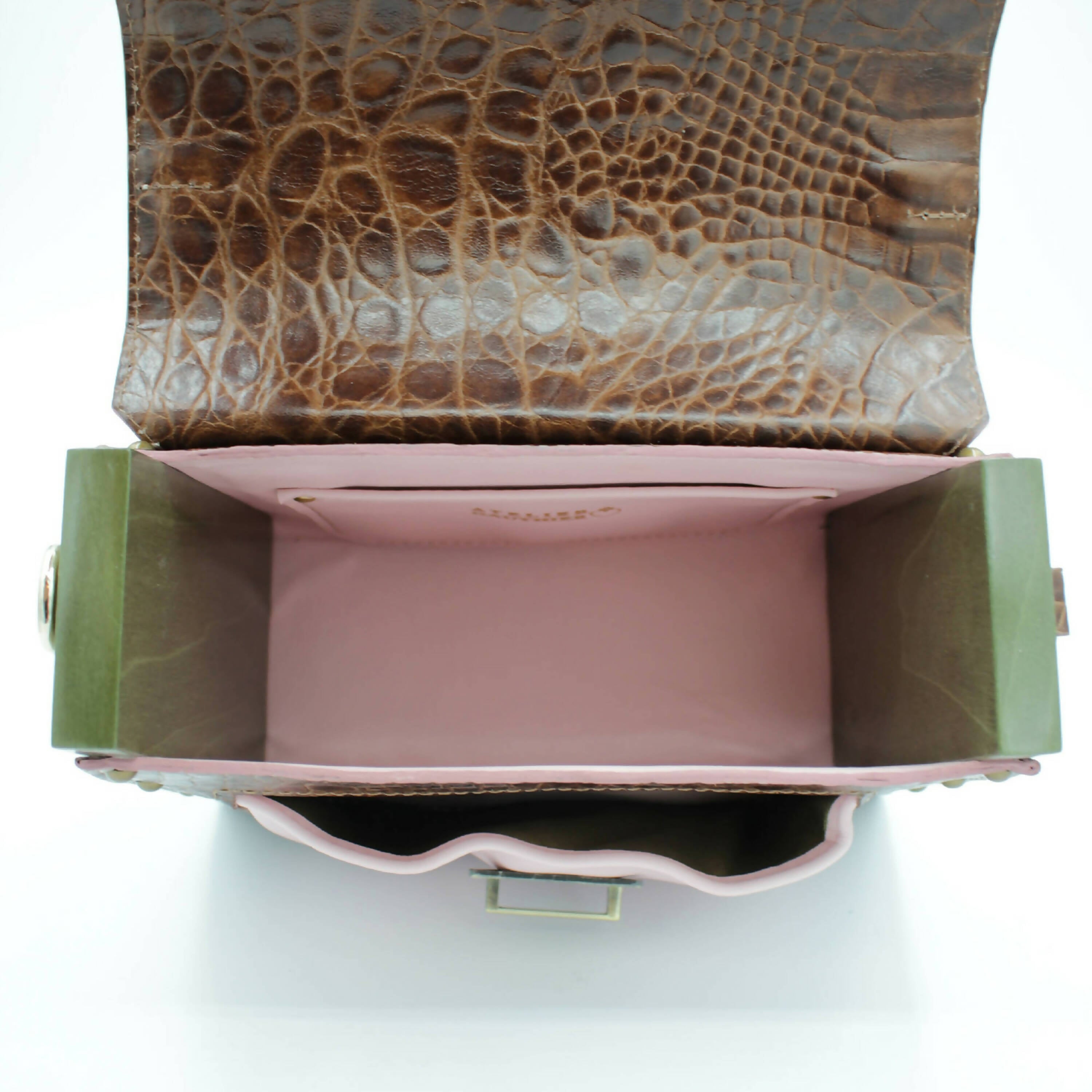 Sac à main bois et cuir couleur rose poudré et marron embossé croco -Summer Box | EMPREINTES Paris | EMPREINTES Paris