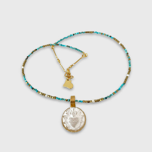 coeur sacré, religieux, antique, reproduction, musée, printemps, pastel, majestueux, bijou symbolique, ethnique, romantique, chic bohème, amoureux, collier pour femme, art déco, art nouveau, idées cadeaux pour elle, saint Valentin, piece unique, tour de cou, pierre semi-precieuse, pate de verre, cristal | EMPREINTES Paris - EMPREINTES Paris