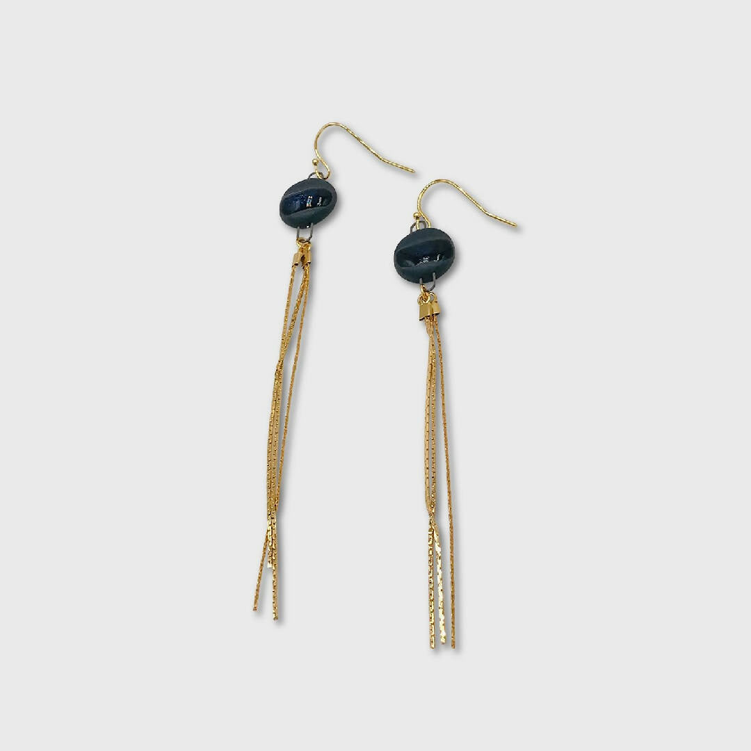 Boucles Oreilles grand rond noir et chainettes Or | EMPREINTES Paris