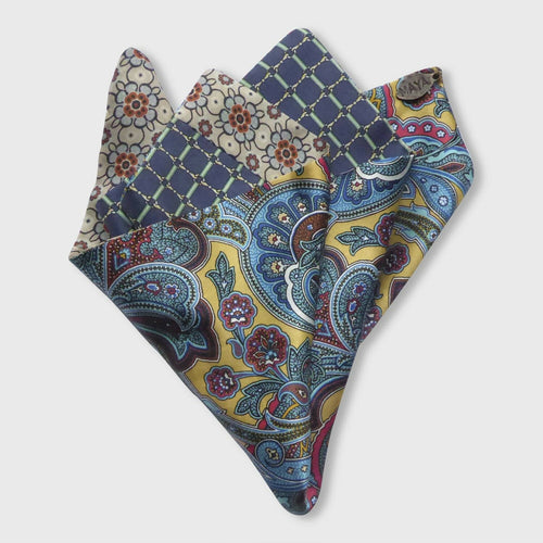 Pochette soie homme- cachemire bleu jaune | EMPREINTES Paris - EMPREINTES Paris