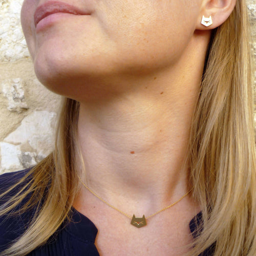 Parure dorée collier + boucles d'oreilles têtes de chats | EMPREINTES Paris - EMPREINTES Paris