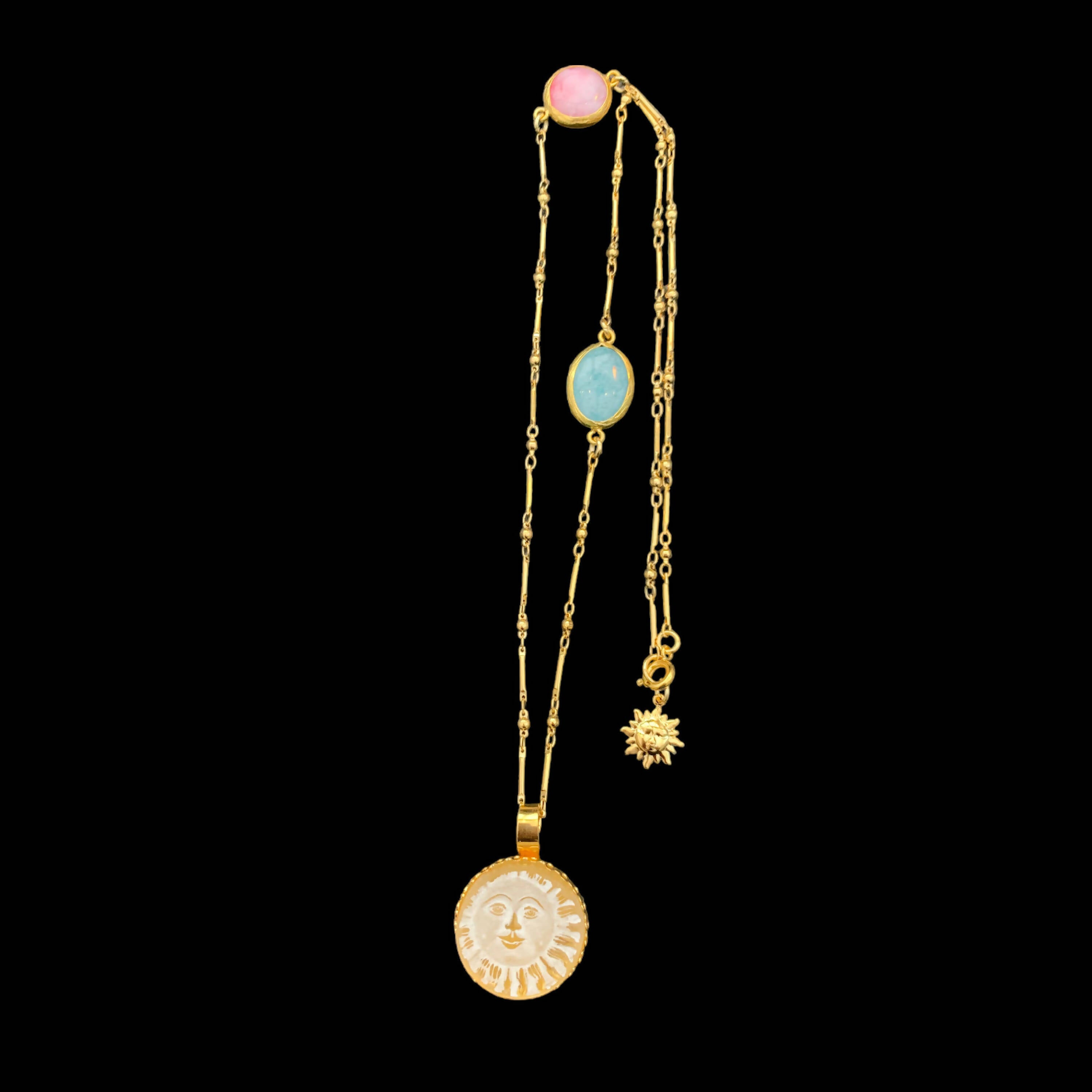 soleil, astre, lumiere, printemps, bijou symbolique, ethnique, romantique, chic bohème, amoureux, collier pour femme, art déco, art nouveau, idées cadeaux pour elle, saint Valentin, piece unique, sautoir, pierre semi-precieuse, pate de verre, cristal | EMPREINTES Paris