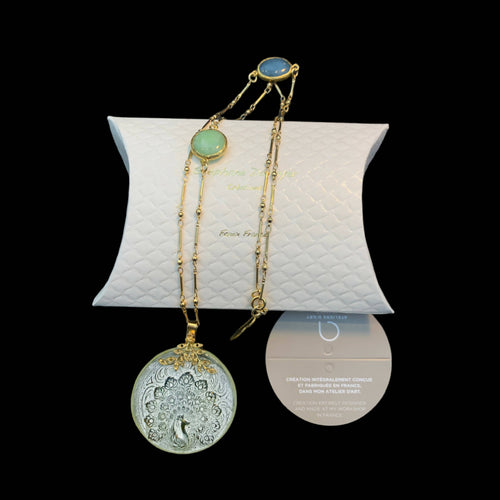 paon, animal, majestueux, porte chance, printemps, bijou symbolique, ethnique, romantique, chic bohème, amoureux, collier pour femme, art déco, art nouveau, idées cadeaux pour elle, saint Valentin, piece unique, sautoir, pierre semi-precieuse, pate de verre, cristal | EMPREINTES Paris - EMPREINTES Paris