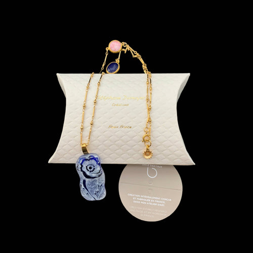 Pendentif sautoir long coquelicot bleu | EMPREINTES Paris - EMPREINTES Paris