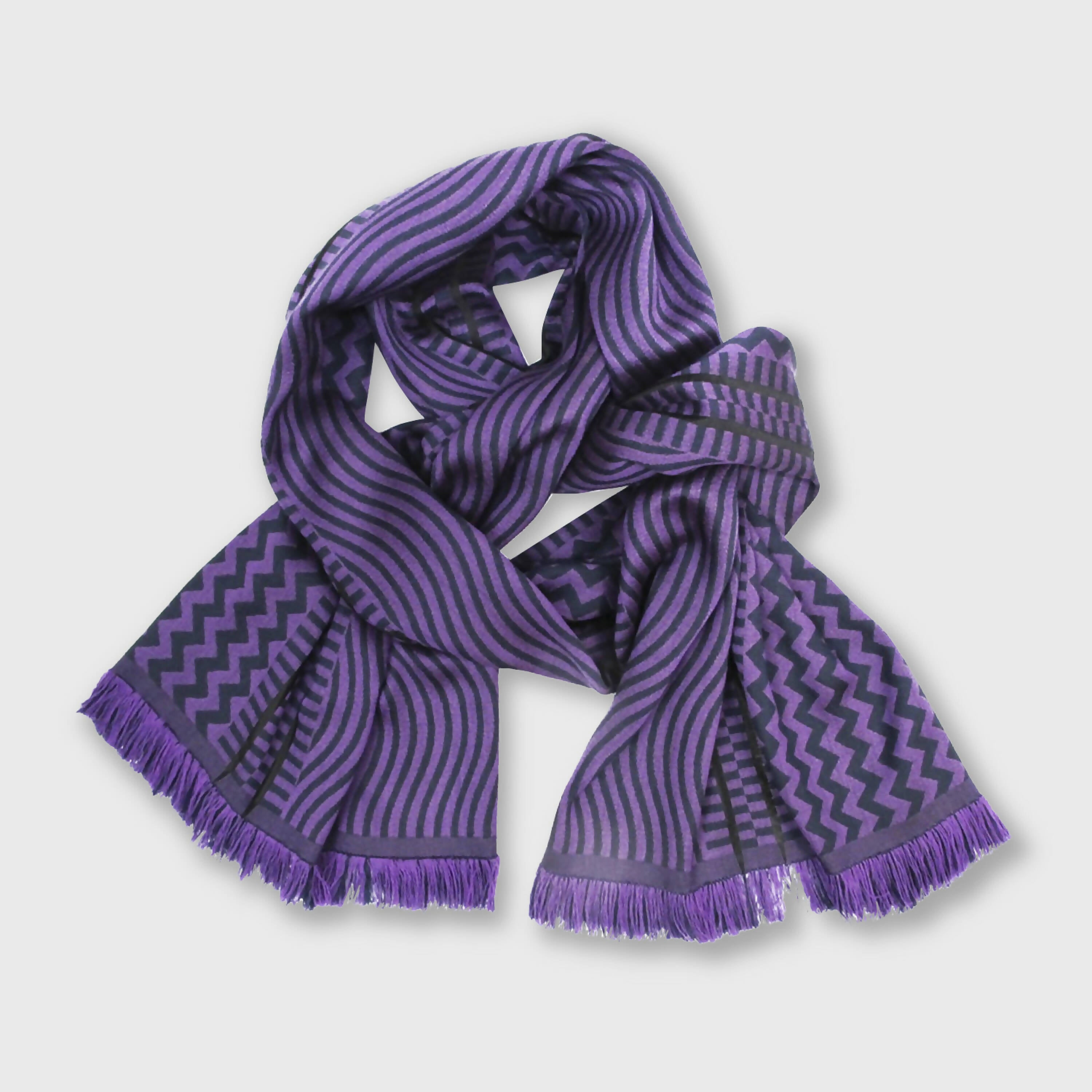 Écharpe midi laine soie sismique zigzig marine aubergine | EMPREINTES Paris