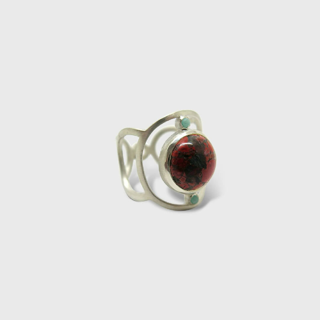 Bague en argent ajouré avec cabochon de jaspe rouge et amazonites | EMPREINTES Paris