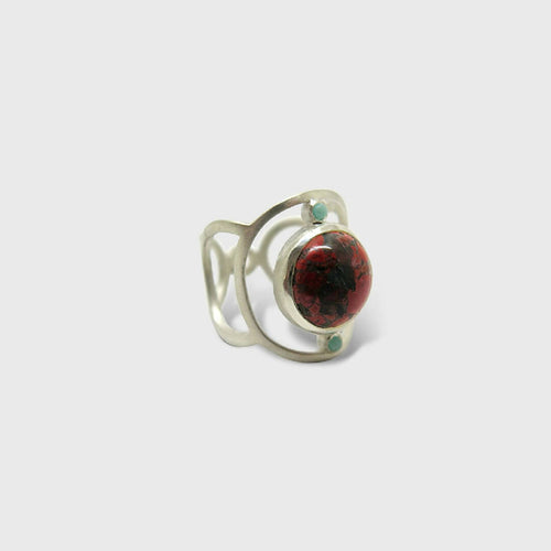 Bague en argent ajouré avec cabochon de jaspe rouge et amazonites | EMPREINTES Paris - EMPREINTES Paris
