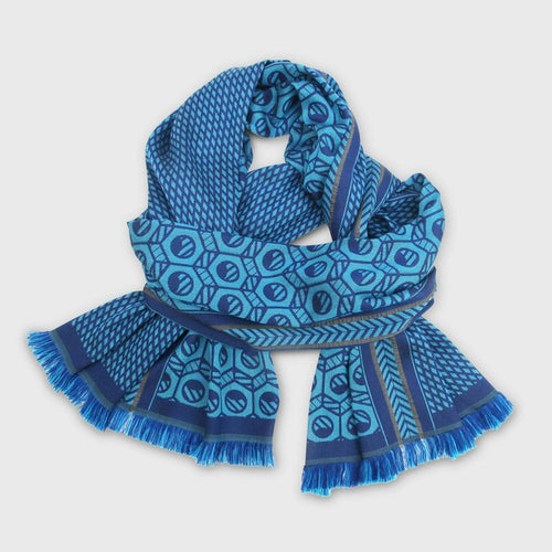 Écharpe midi laine soie encre bleu écrous grilles | EMPREINTES Paris - EMPREINTES Paris